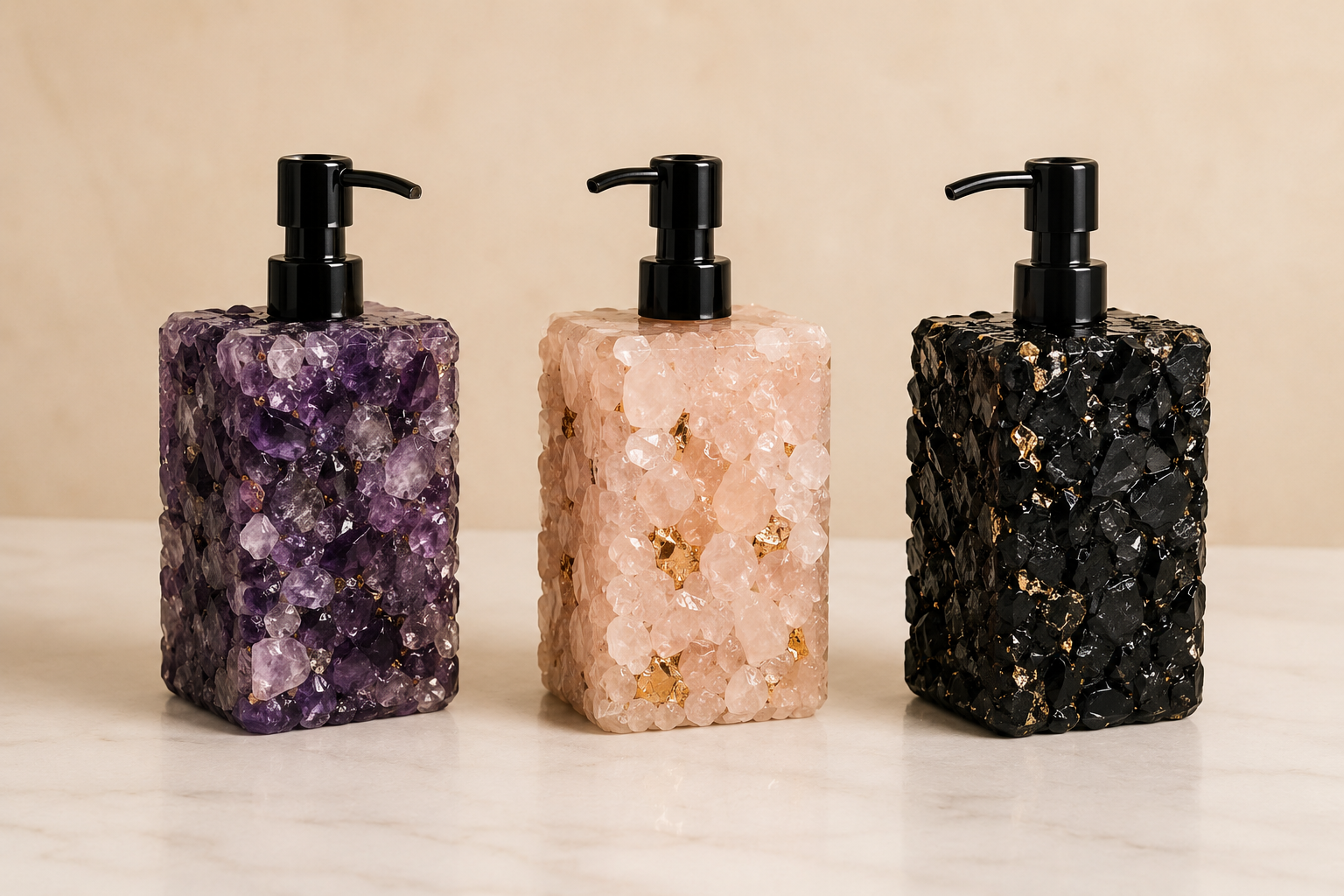 All three AS Resin Art crystal soap dispenser finishes — black, amethyst and rose quartz
